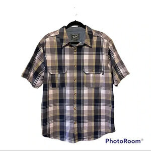 WOOLRICH Blue, Gray & Yellow Plaid Short Sleeve Button Front Shirt sz L